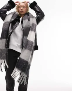 Topshop Scarlett Blanket Check Scarf In Black And Grey