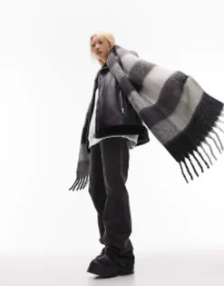Topshop Scarlett Blanket Check Scarf In Black And Grey