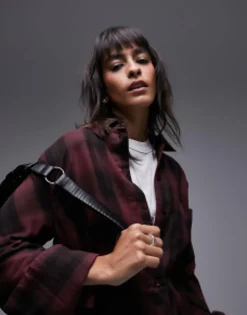 Topshop Soft Check Shirt In Berry And Black
