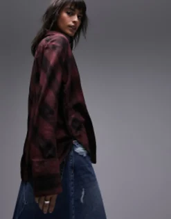 Topshop Soft Check Shirt In Berry And Black