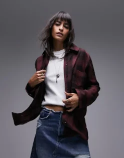 Topshop Soft Check Shirt In Berry And Black
