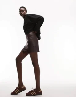 Topshop Tall Leather Look Split Detail Mini Skirt In