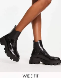 Topshop Wide Fit Bella Chunky Chelsea Boot In Croc