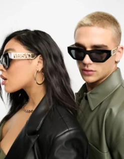 Versace Rectangle Sunglasses With Gold Detail In