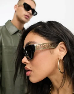 Versace Rectangle Sunglasses With Gold Detail In