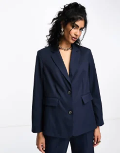 Vila Twill Tailored Oversized Blazer And Wide Leg Trouser Co-Ord In Navy