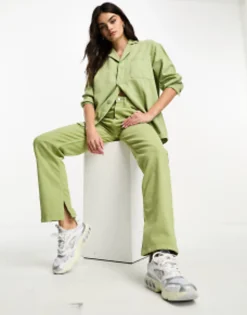 Waven Oversized Denim Shirt And High Rise Jeans In Sage Green