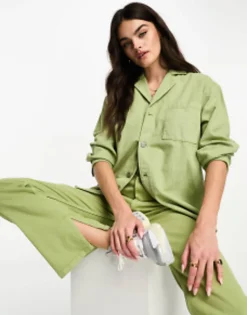 Waven Oversized Denim Shirt And High Rise Jeans In Sage Green