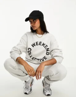 Weekend Collective Co-Ord Oversized Jogger And Sweatshirt With Logo In Grey