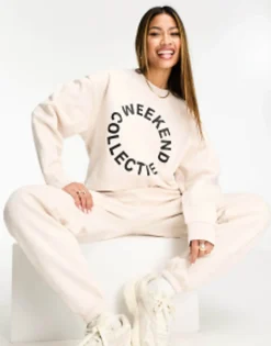 Weekend Collective Co-Ord With Black Logo In Oatmeal Marl