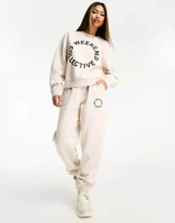 Weekend Collective Co-Ord With Black Logo In Oatmeal Marl